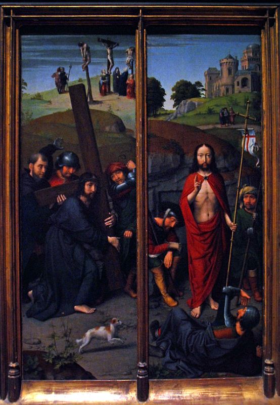 20 Christ Carrying the Cross, with the Crucifixion- The Resurrection, with the Pilgrims of Emmaus - Gerard David 1510 - Robert Lehman Metropolitan Museum Of Art